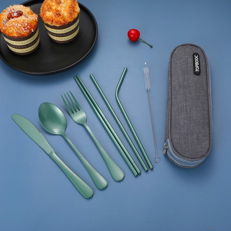 Topbooc Portable Stainless Steel Flatware Set, Travel Camping Cutlery Set, Portable Utensil Travel Silverware Dinnerware Set with a Waterproof Case (Green) - Image 5